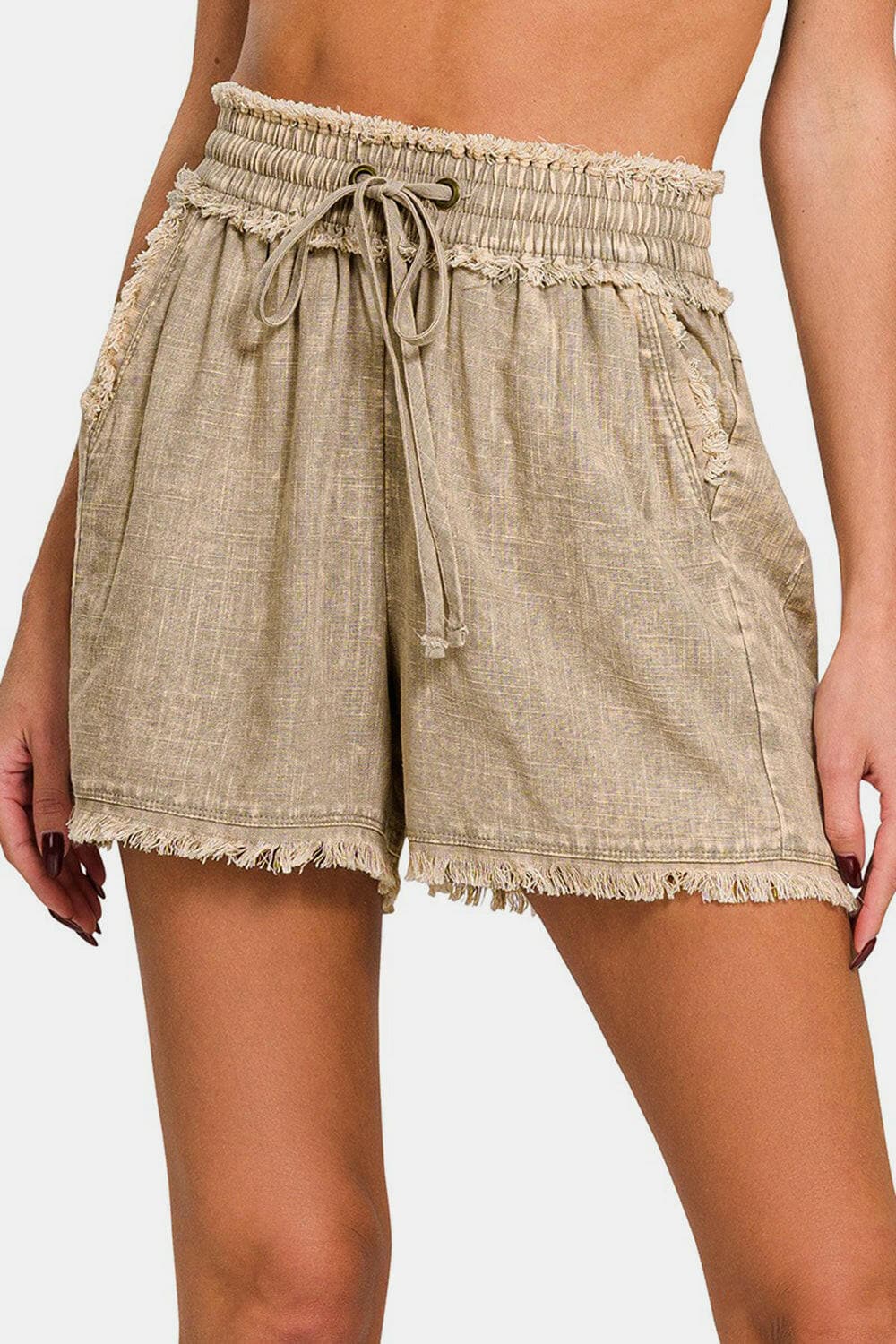 Zenana Washed Linen Frayed Hem Drawstring Shorts.