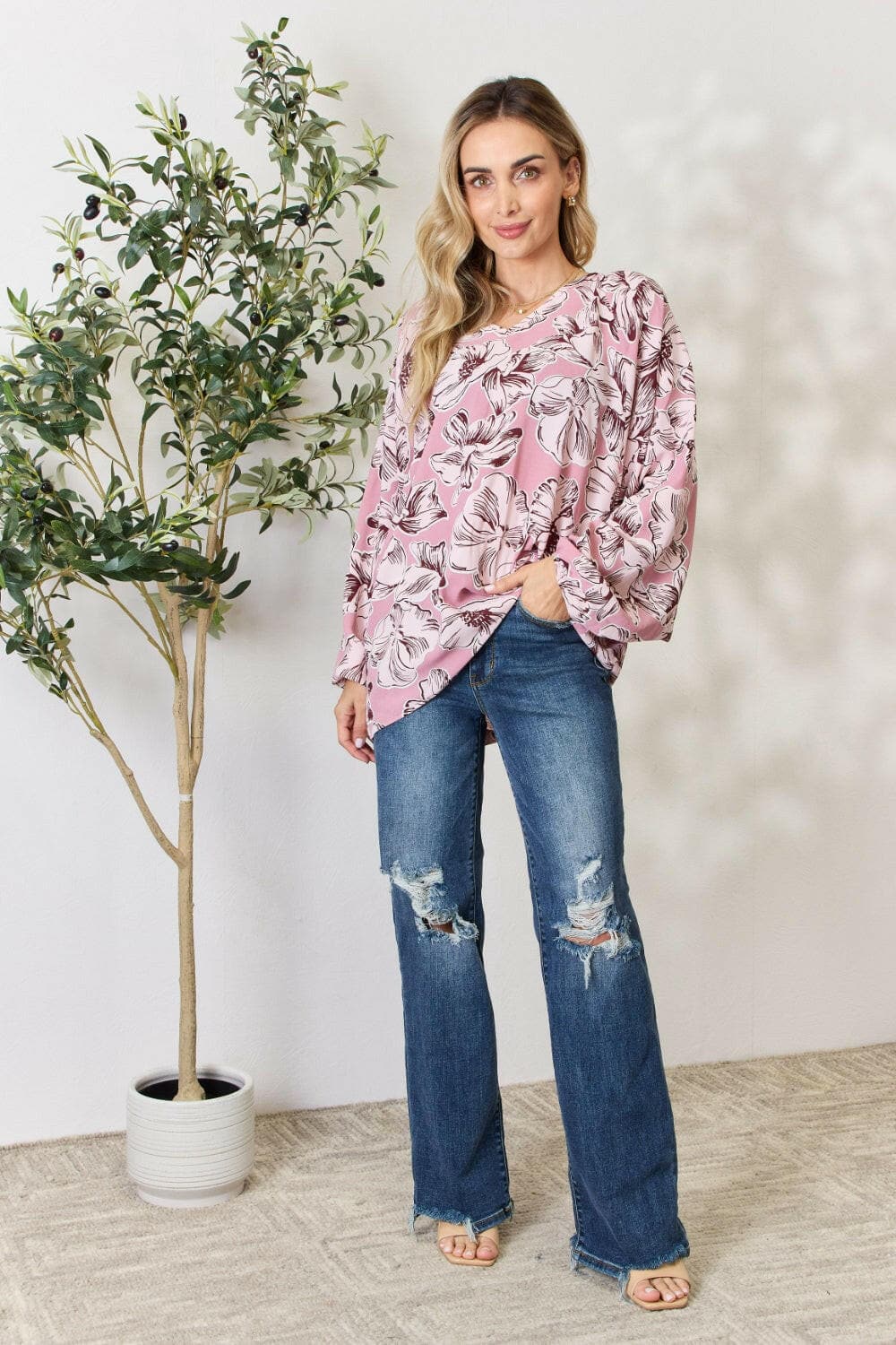 Heimish Full Size Floral V-Neck Balloon Sleeve Blouse.