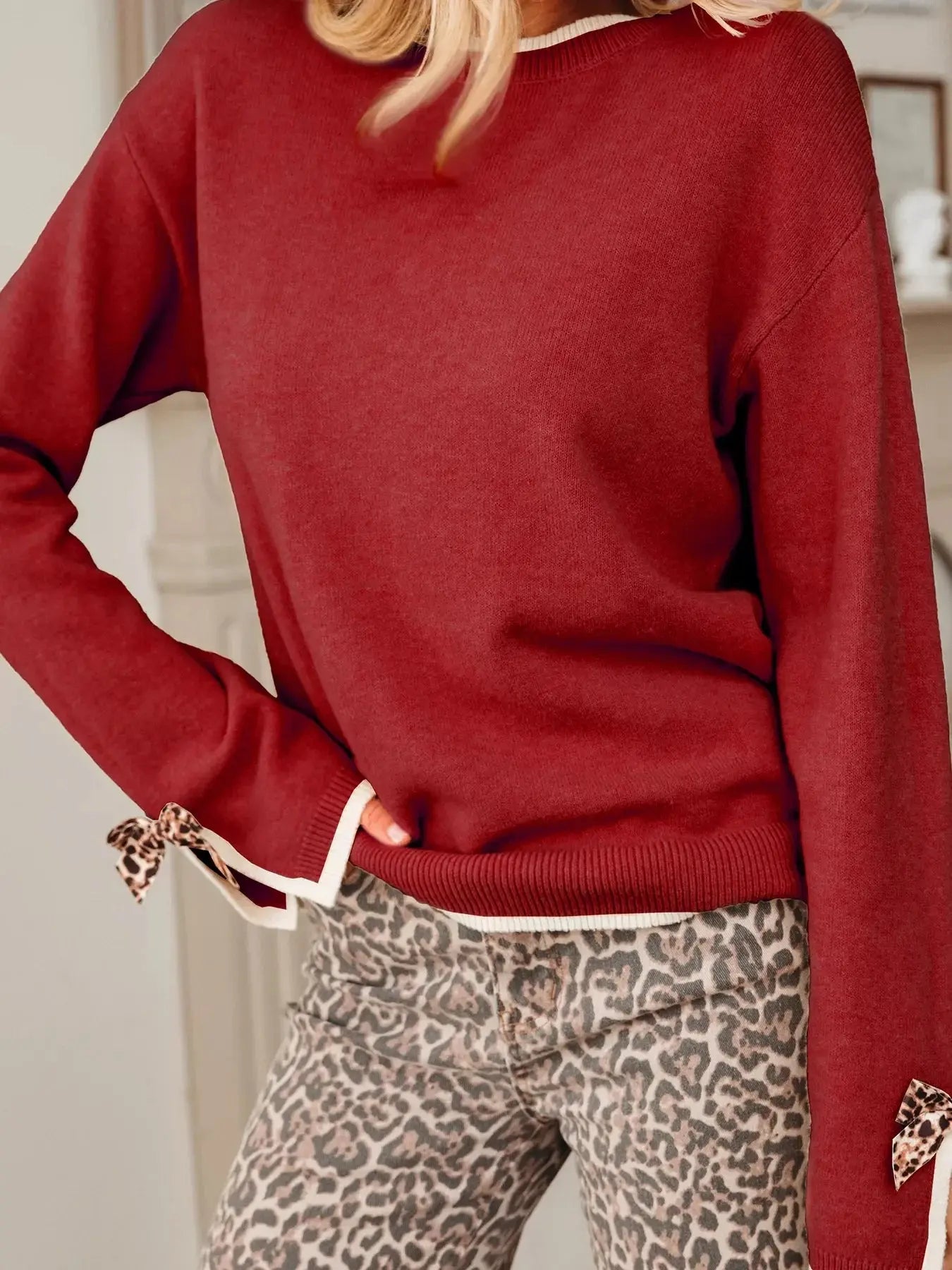 Leopard Bow Decor Split Cuff Contrast Trim Sweater Simply Love