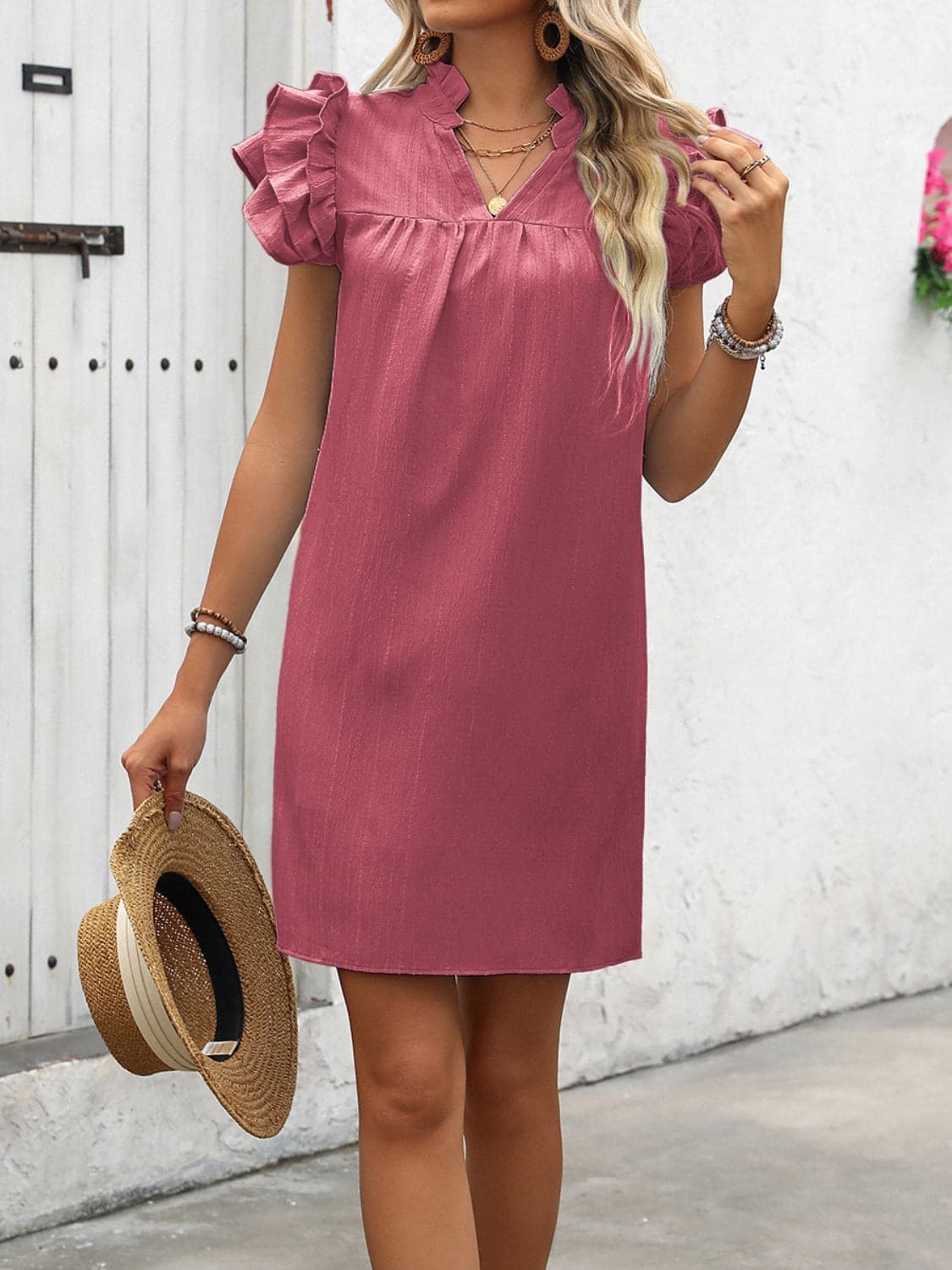 Ruffled Notched Cap Sleeve Mini Dress.