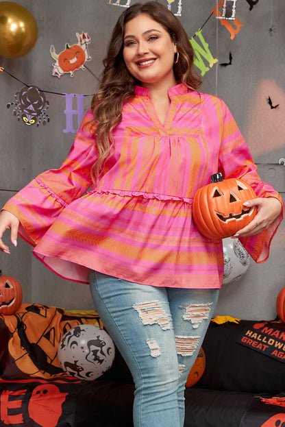 Chic geometric embroidered plus size bell sleeve babydoll blouse in vitality orange