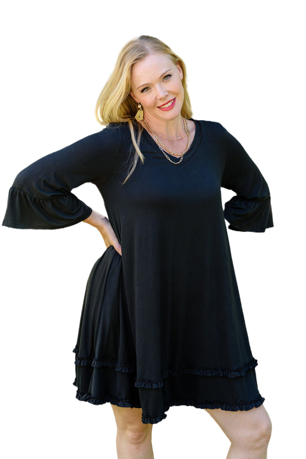 Chic black plus size ruffled sleeve dress for effortless elegance