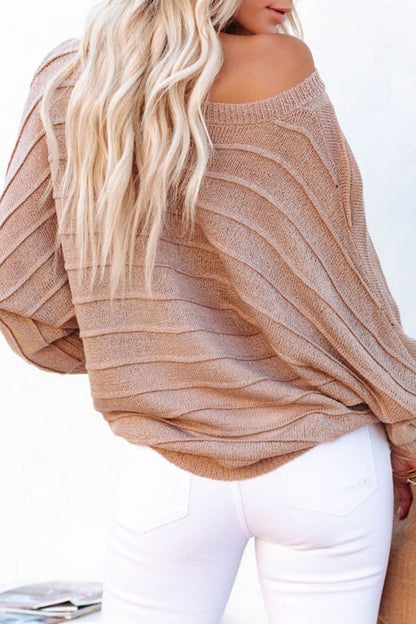 Striped Ribbed Trim Round Neck Sweater.