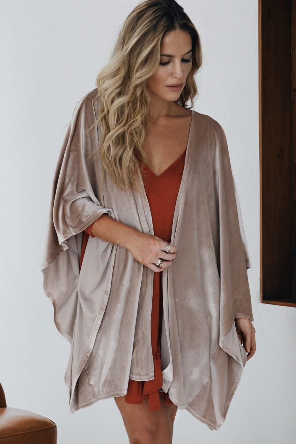 Smoke Gray Velvet Kimono Cardigan Open Front Three Quarter Sleeve Relaxed Fit Womens Lounge Wrap Dear-Lover Dropshipping