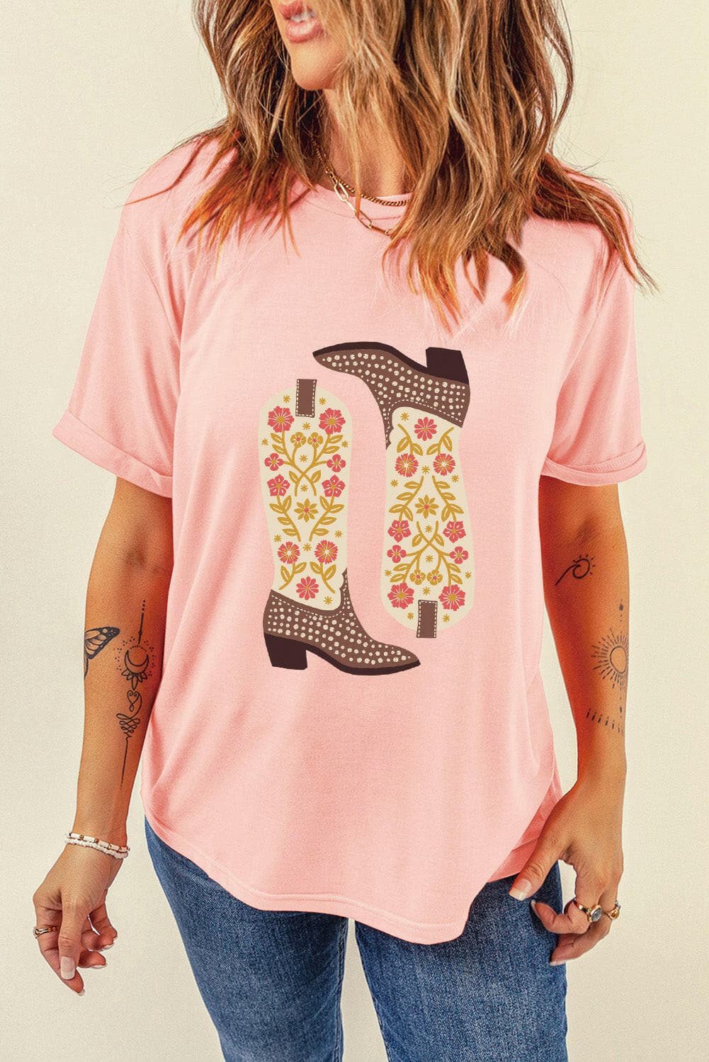 Boot Graphic Round Neck Short Sleeve T-Shirt.