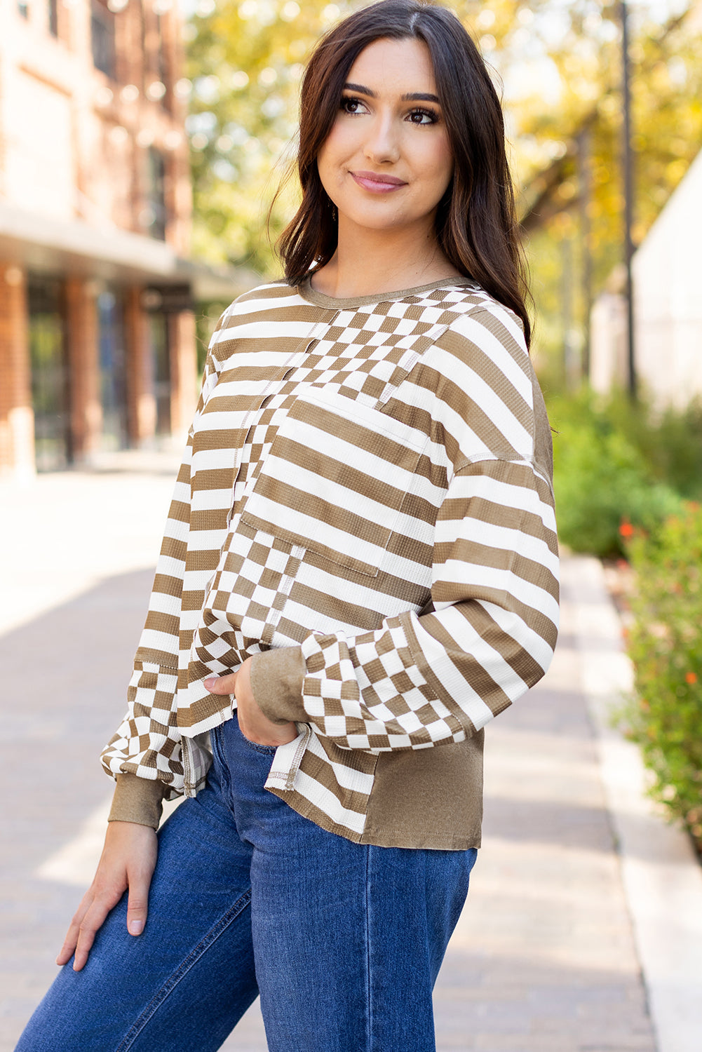 Khaki patchwork blouse with plaid design