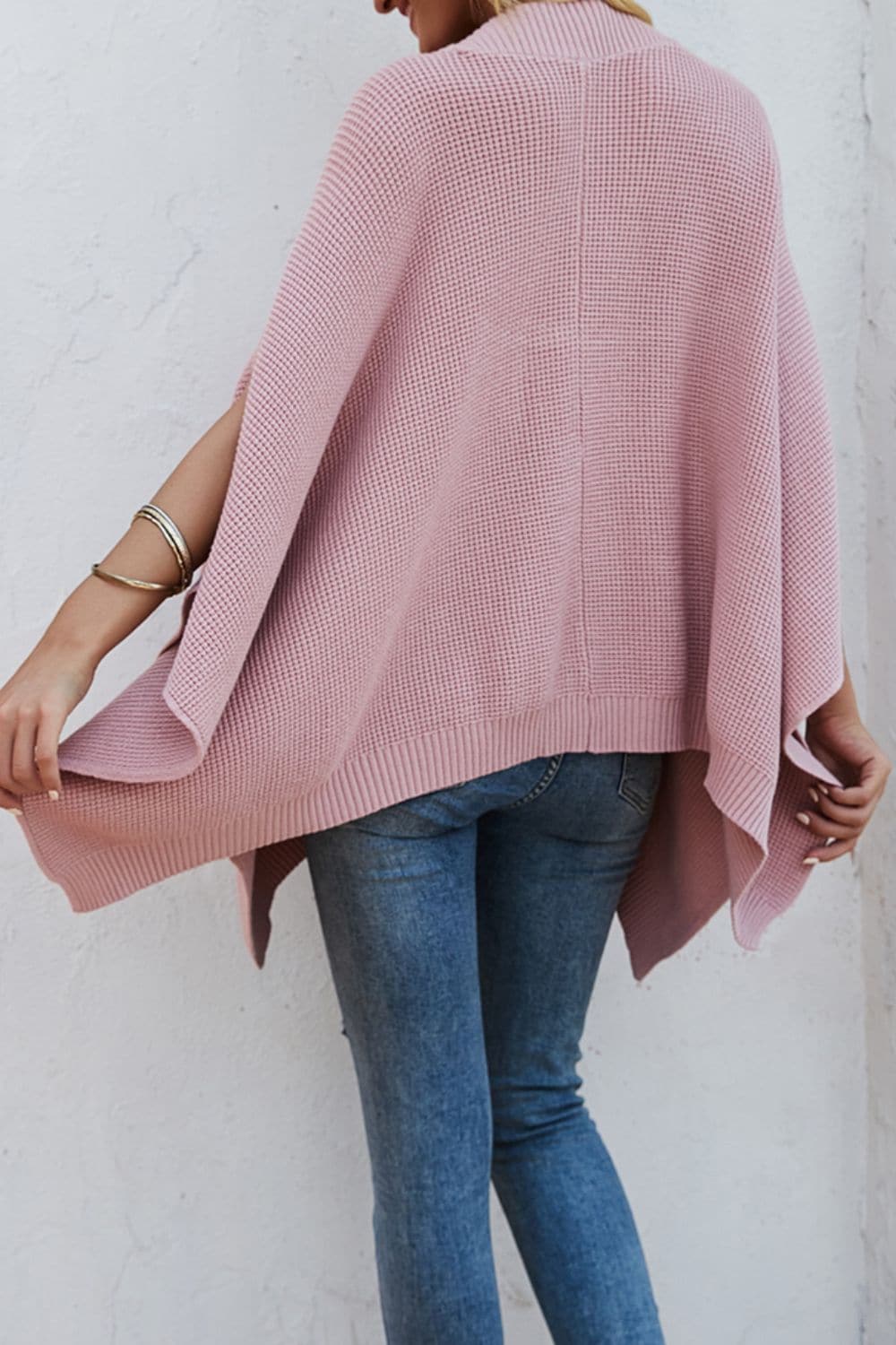 Waffle-Knit Pocketed Cape Sleeve Sweater.