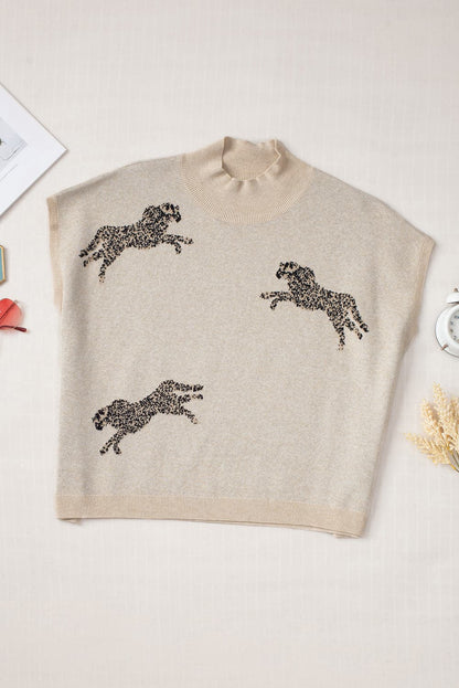 Animal Graphic Mock Neck Cap Sleeve Sweater.