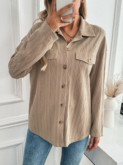 Textured collared neck button-up shacket