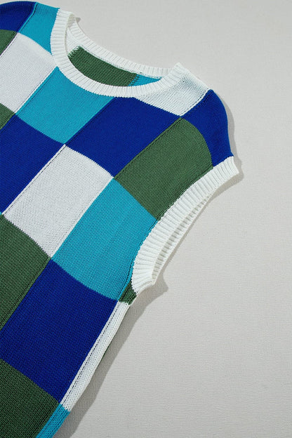 Color Block Round Neck Cap Sleeve Knit Top.