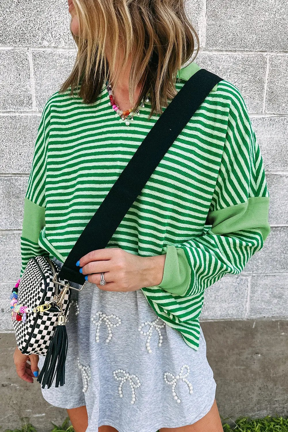 Chic green striped v-neck top Love Salve