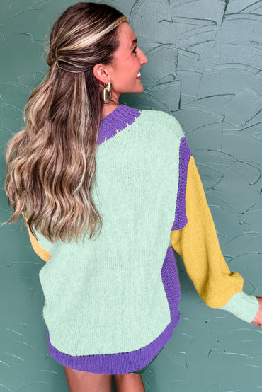 Green Stitched V Neck Color Block Knitted Drop Shoulder Sweater