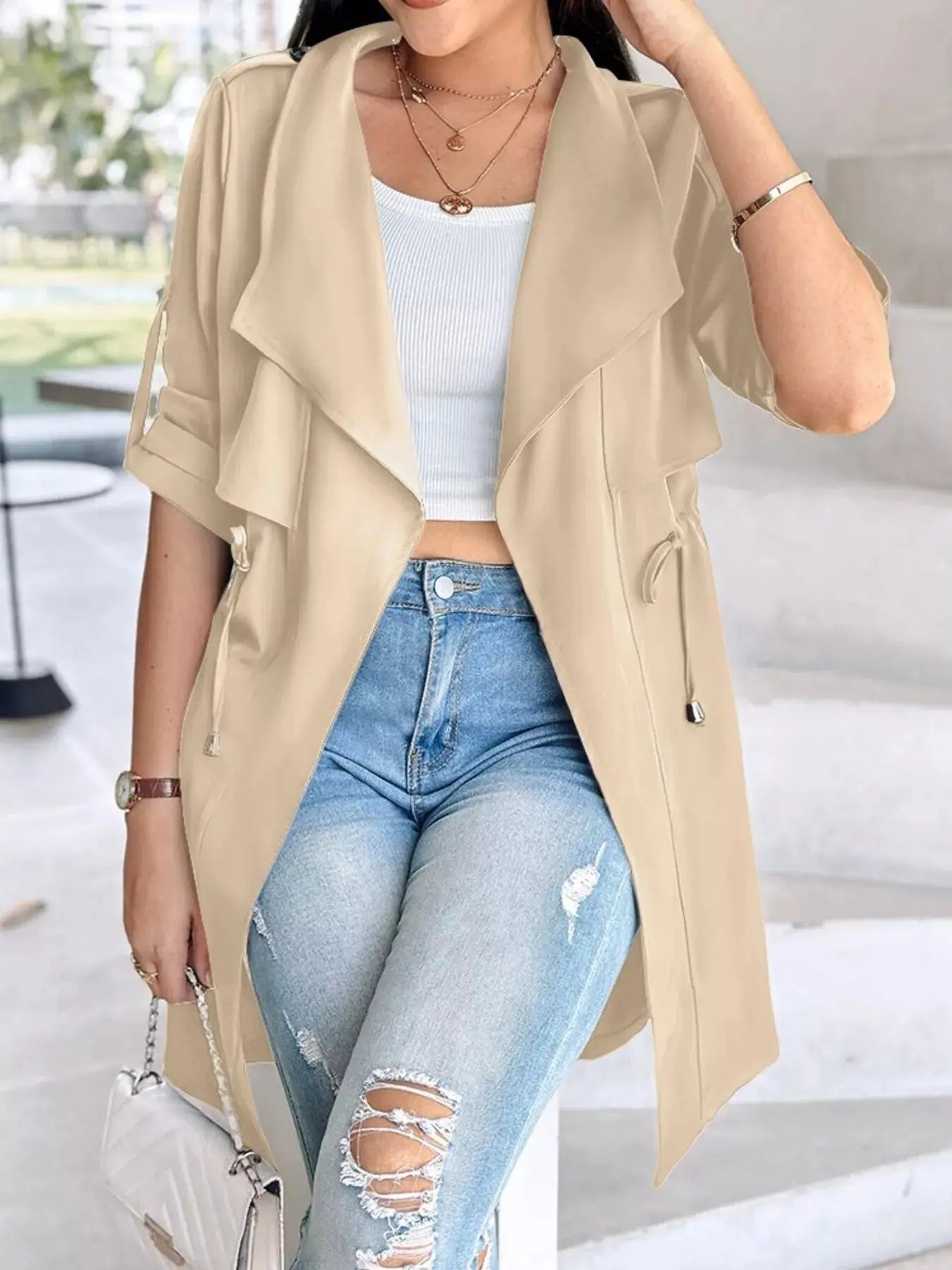 Beige Drape Collar Lightweight Trench Coat With Pockets And Drawstring Simply Love