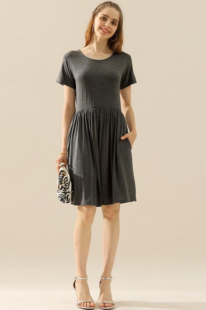 Ninexis Full Size Round Neck Ruched Dress with Pockets.