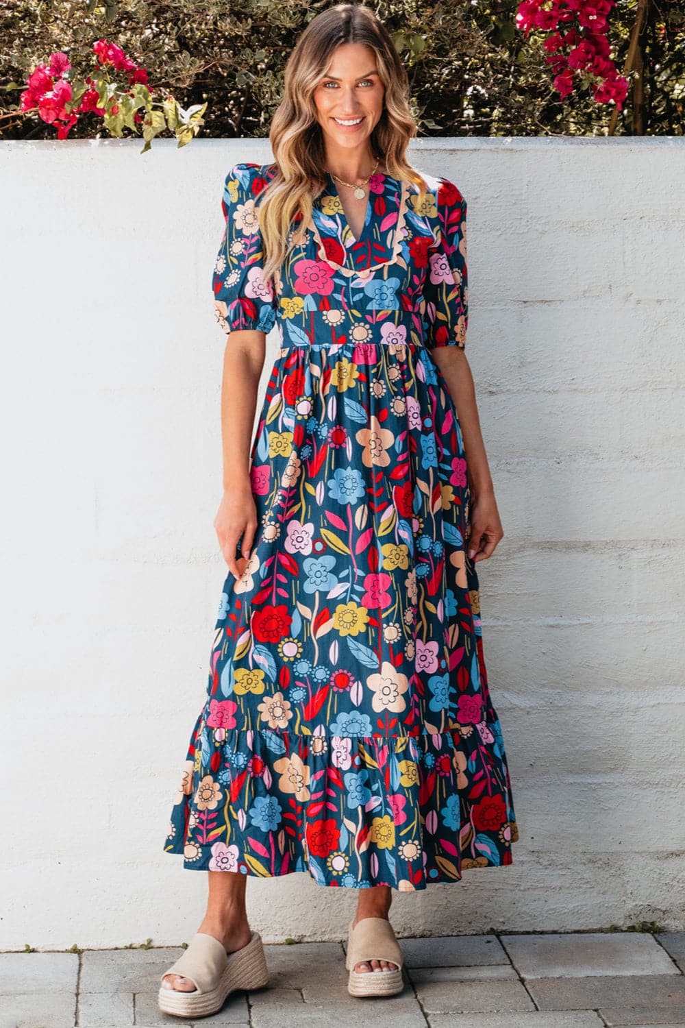 Printed Notched Puff Sleeve Midi Dress.