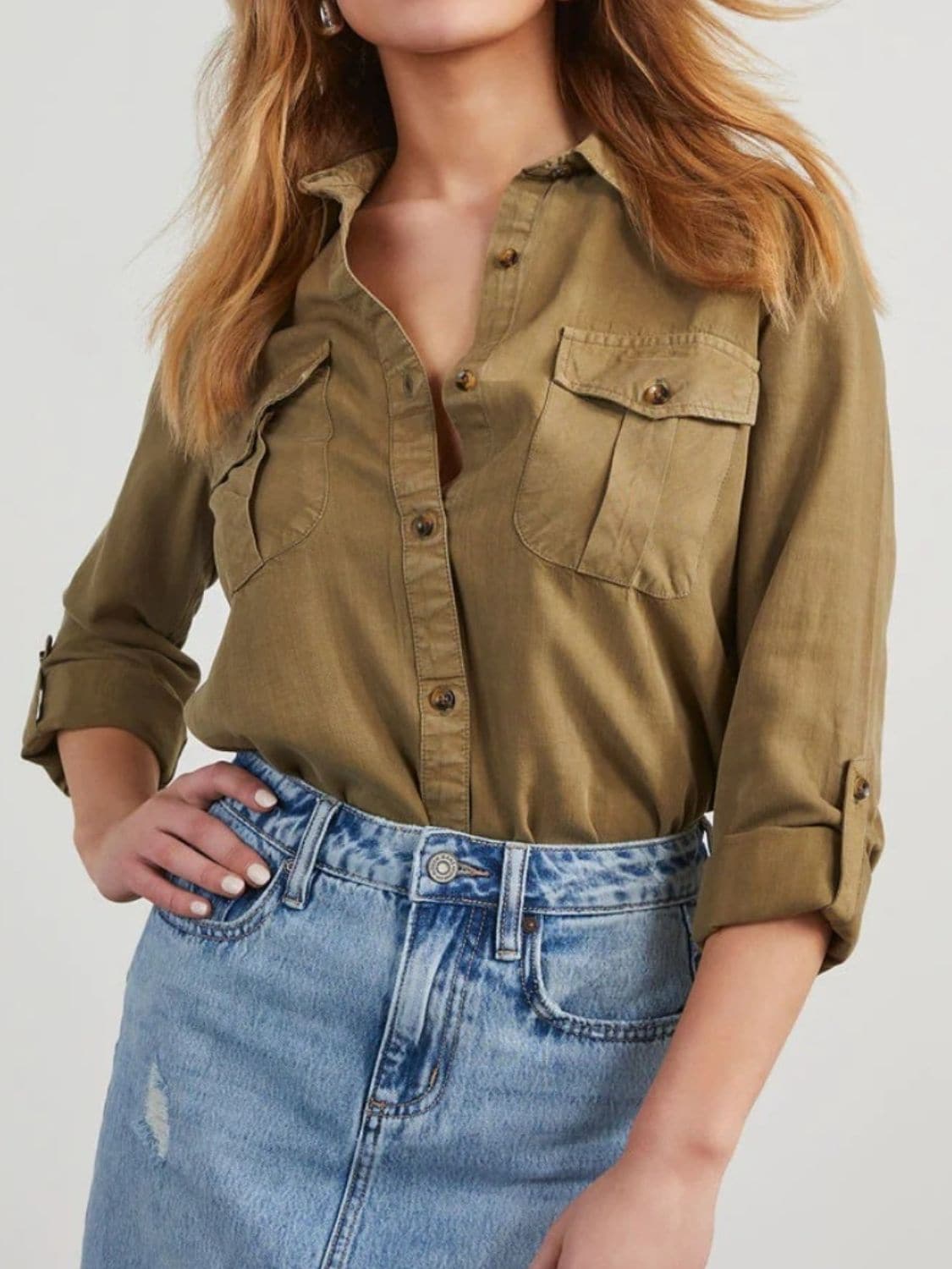 Chic collared denim top with roll-tab sleeves