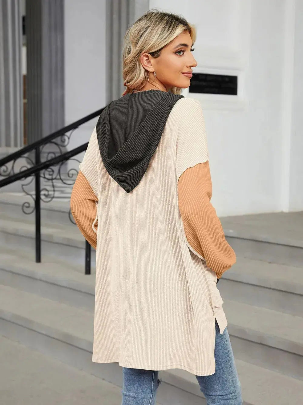 Double Take Contrast Hooded Long Sleeve Top - Love Salve