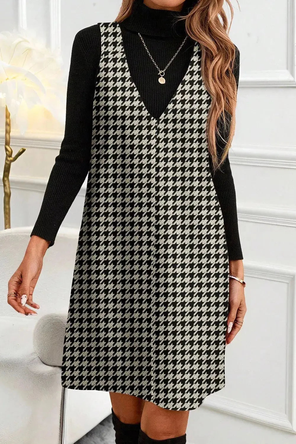 Houndstooth V-Neck Sleeveless Mini Dress Simply Love