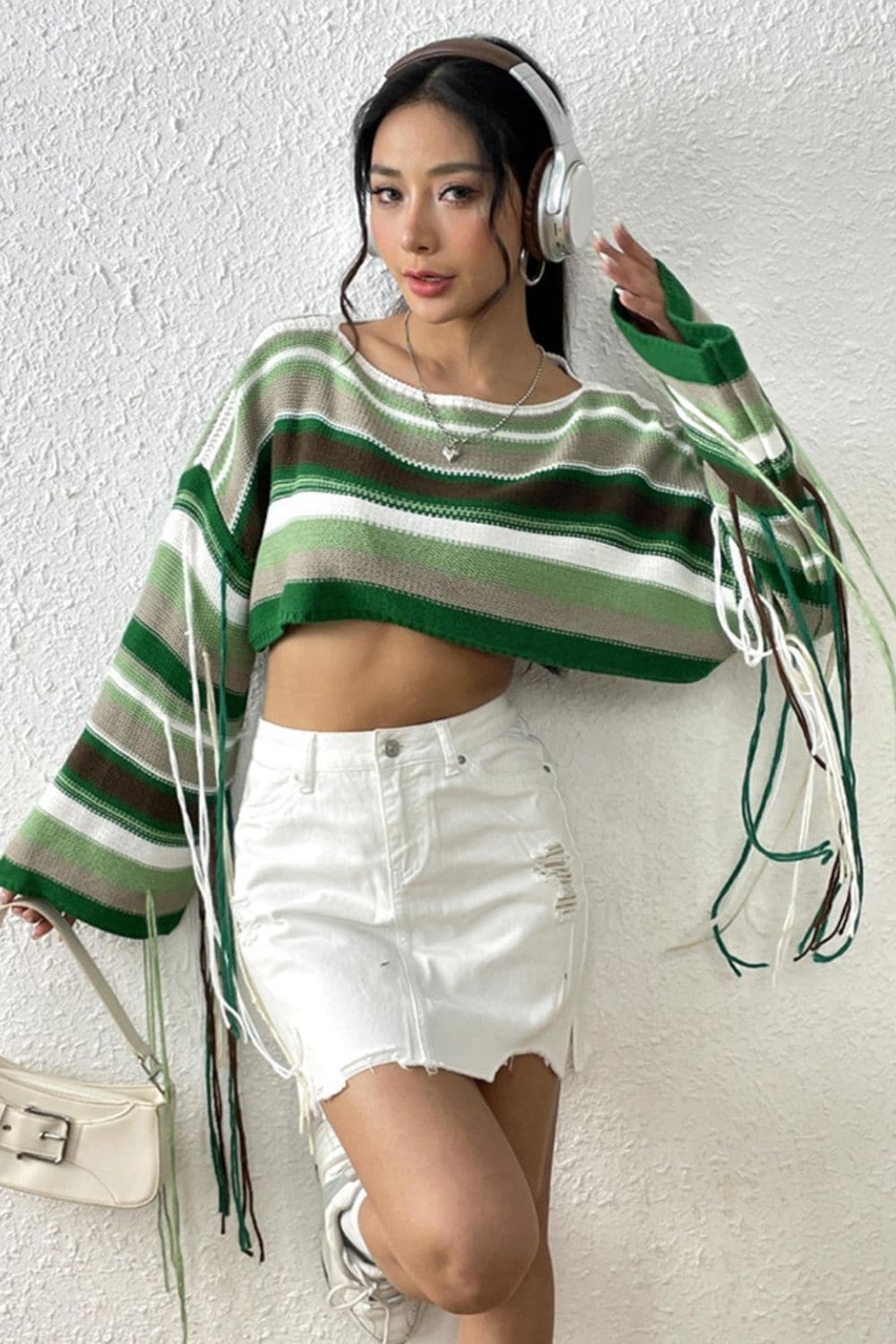 Fringe Striped Round Neck Knit Top.