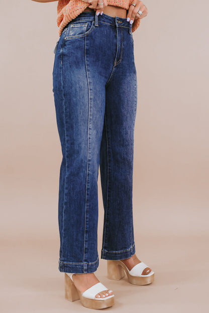 Trendy navy blue plus size high waist wide-leg jeans with seamed detailing