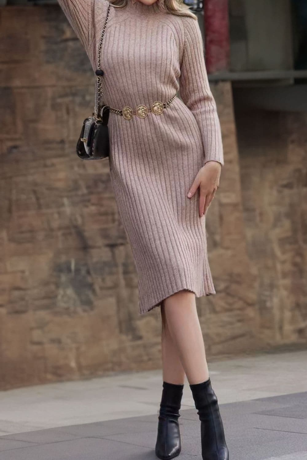 Ribbed Mock Neck Sweater Dress.