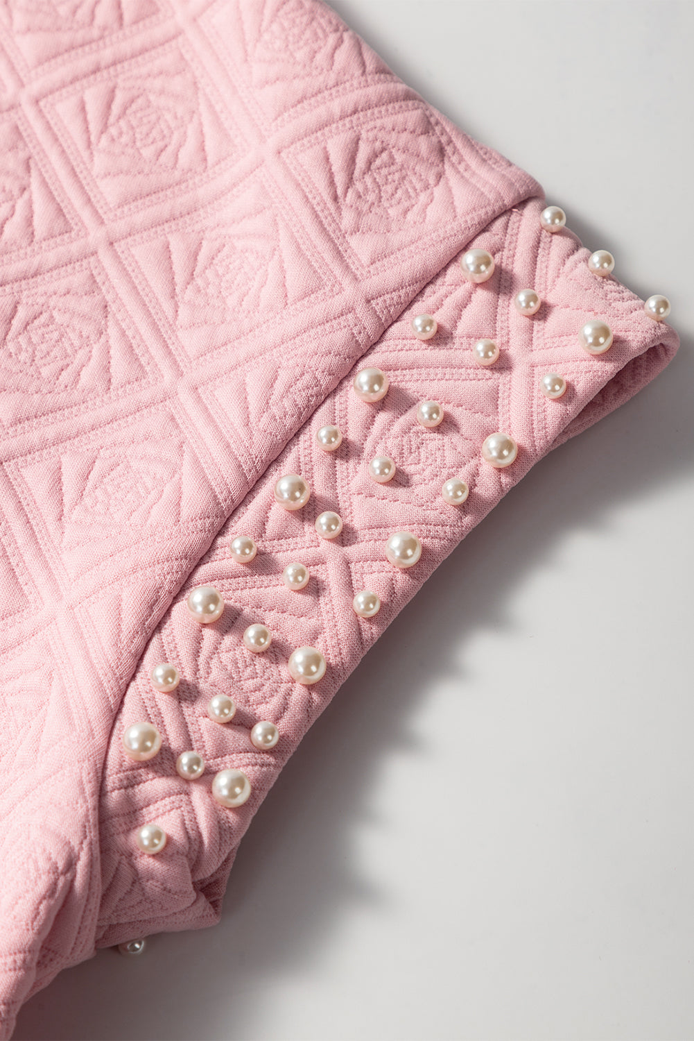 Light Pink Pearl Embellished Flower Textured T Shirt For Women