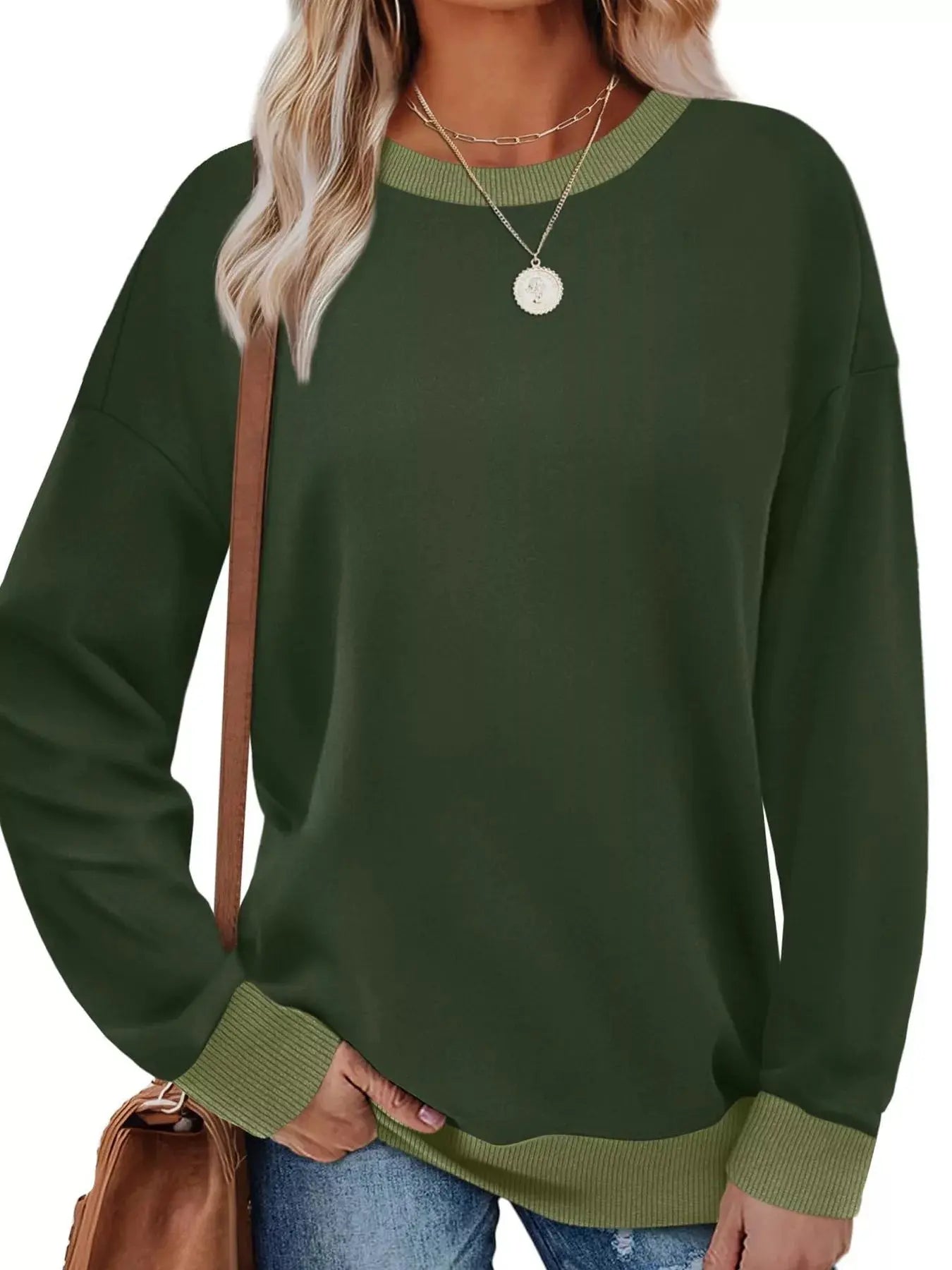 Contrast Trim Crew Neck Casual Sweatshirt Simply Love