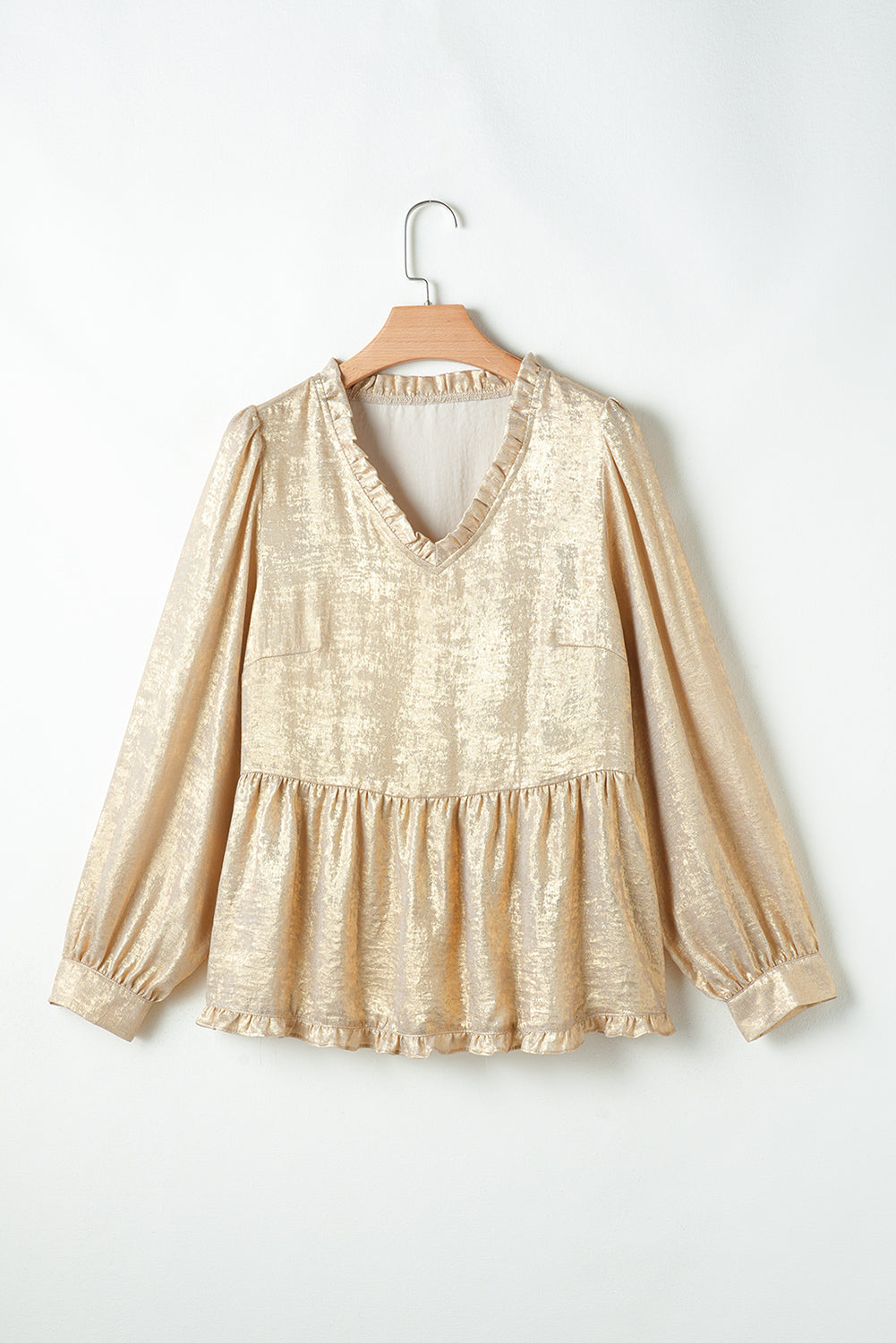 Gold Metallic Frilled V Neck Puff Sleeve Babydoll Blouse