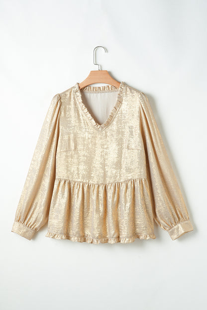 Gold Metallic Frilled V Neck Puff Sleeve Babydoll Blouse