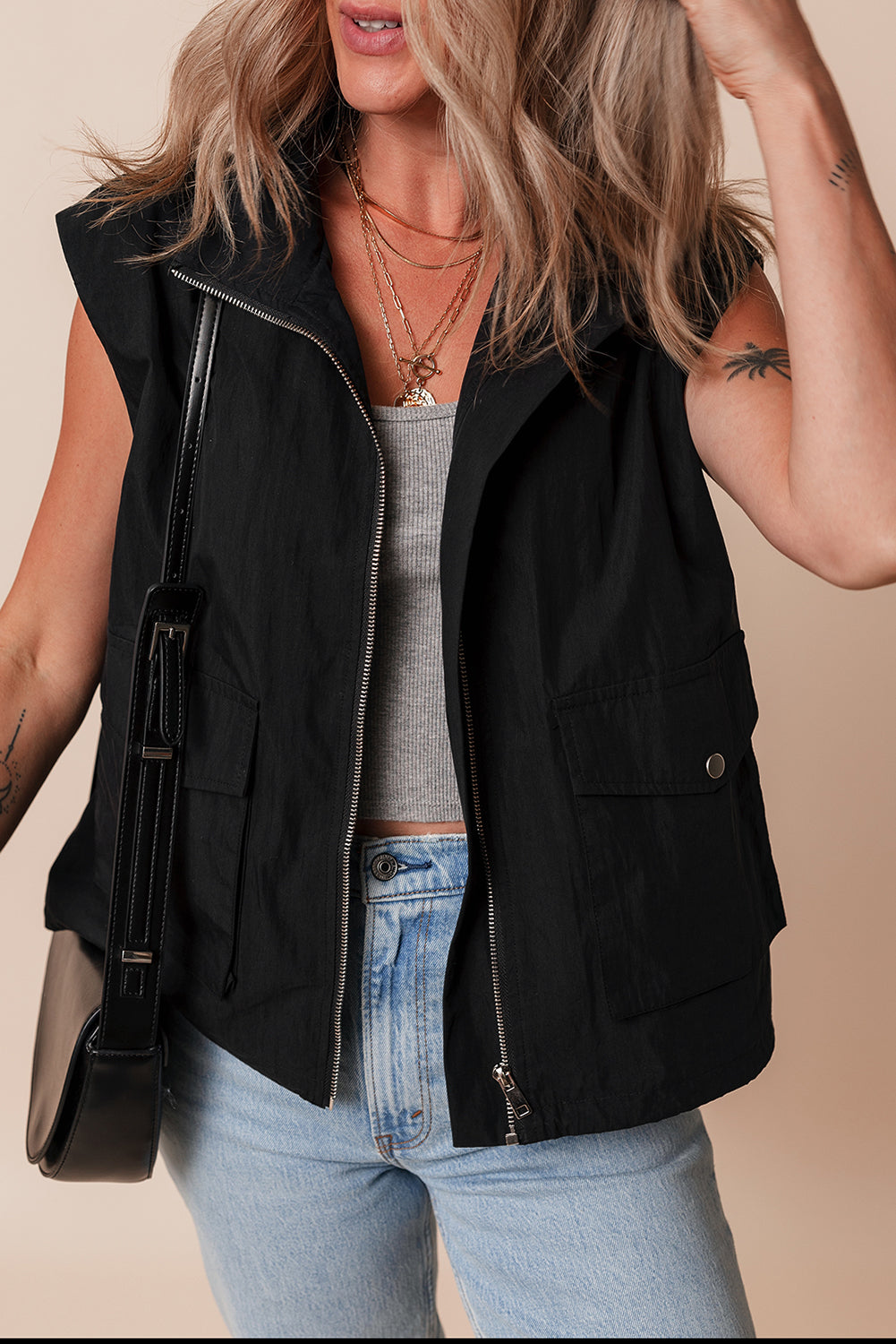 Chic black zip-up high neck vest