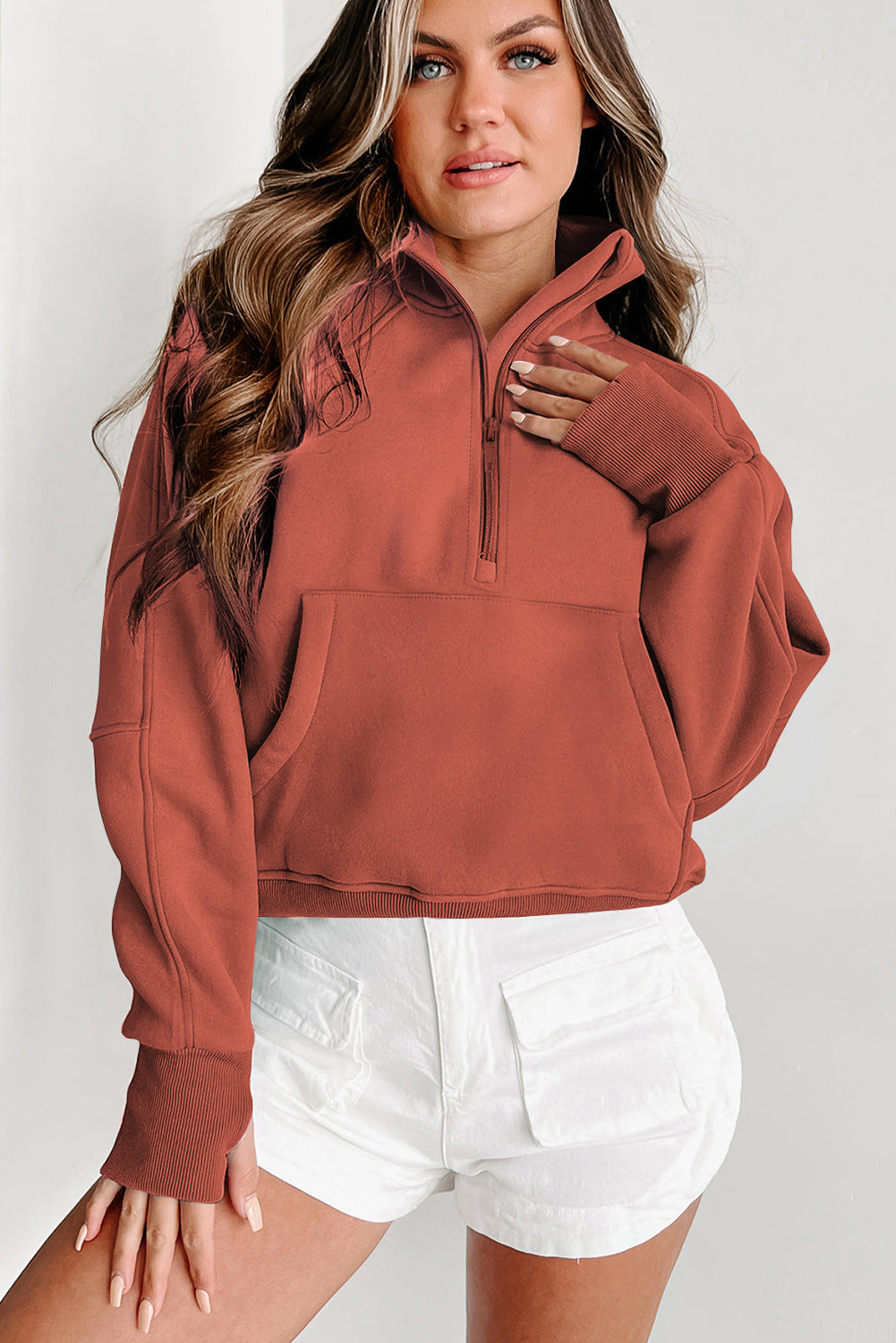 Cozy flamingo fleece zip sweatshirt with thumbhole sleeves