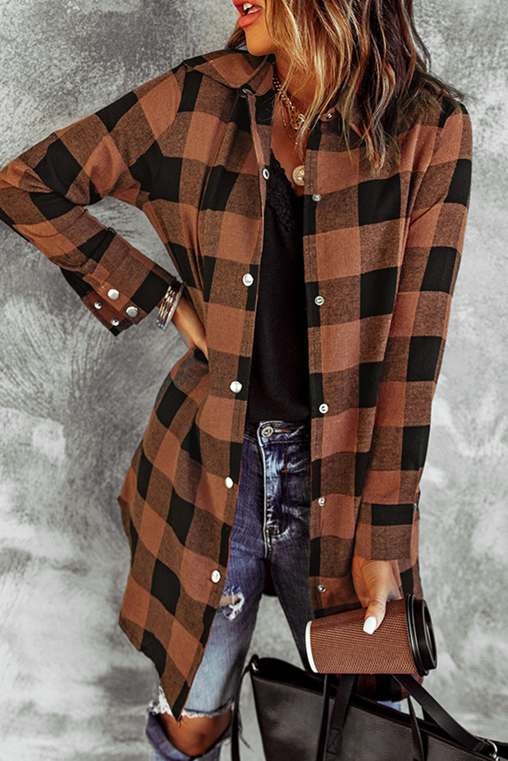 Chic brown plaid shirt coat with turn-down collar