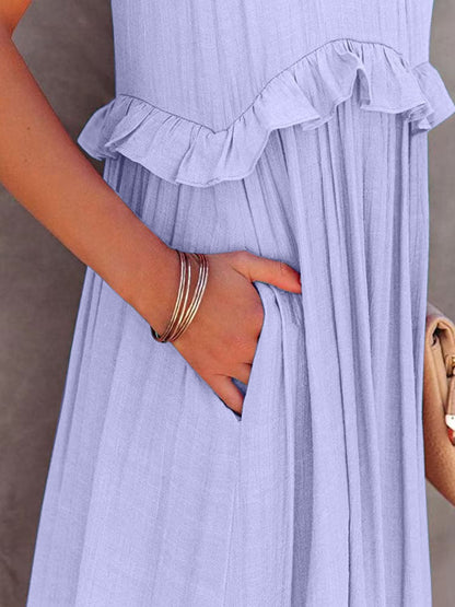 Ruffled Sleeveless Tiered Maxi Dress with Pockets.