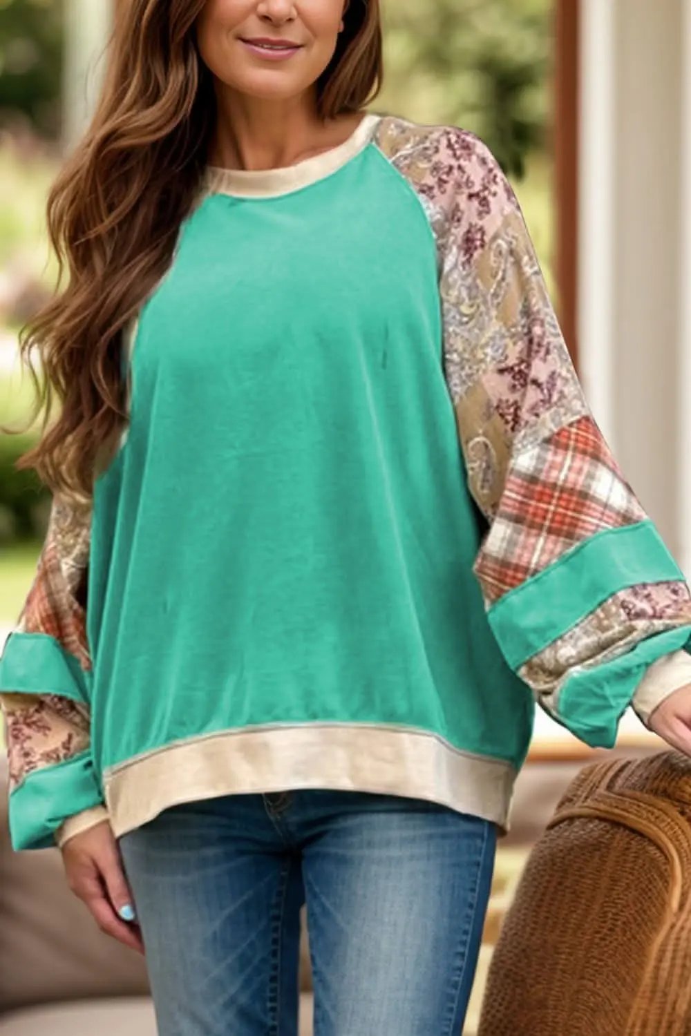 Plus Size Printed Raglan Sleeve Sweatshirt - Love Salve 
