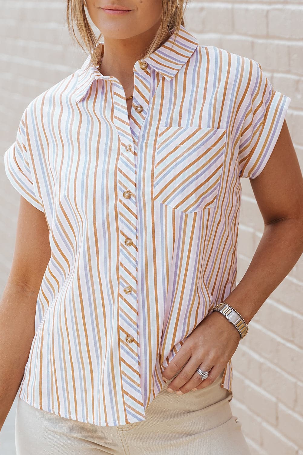 Pocketed Striped Collared Neck Short Sleeve Shirt.