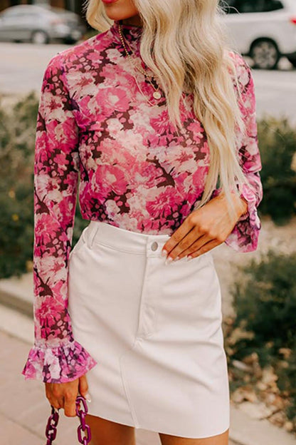 Floral Print Turtleneck Ruffle Sleeve Top