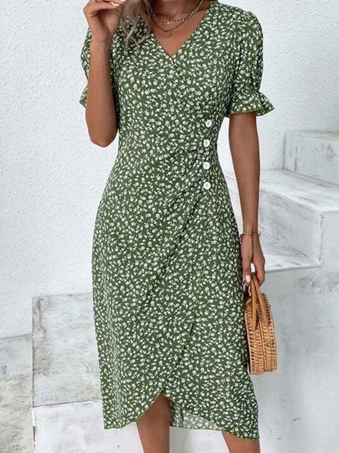 Full Size Printed Surplice Flounce Sleeve Midi Dress.