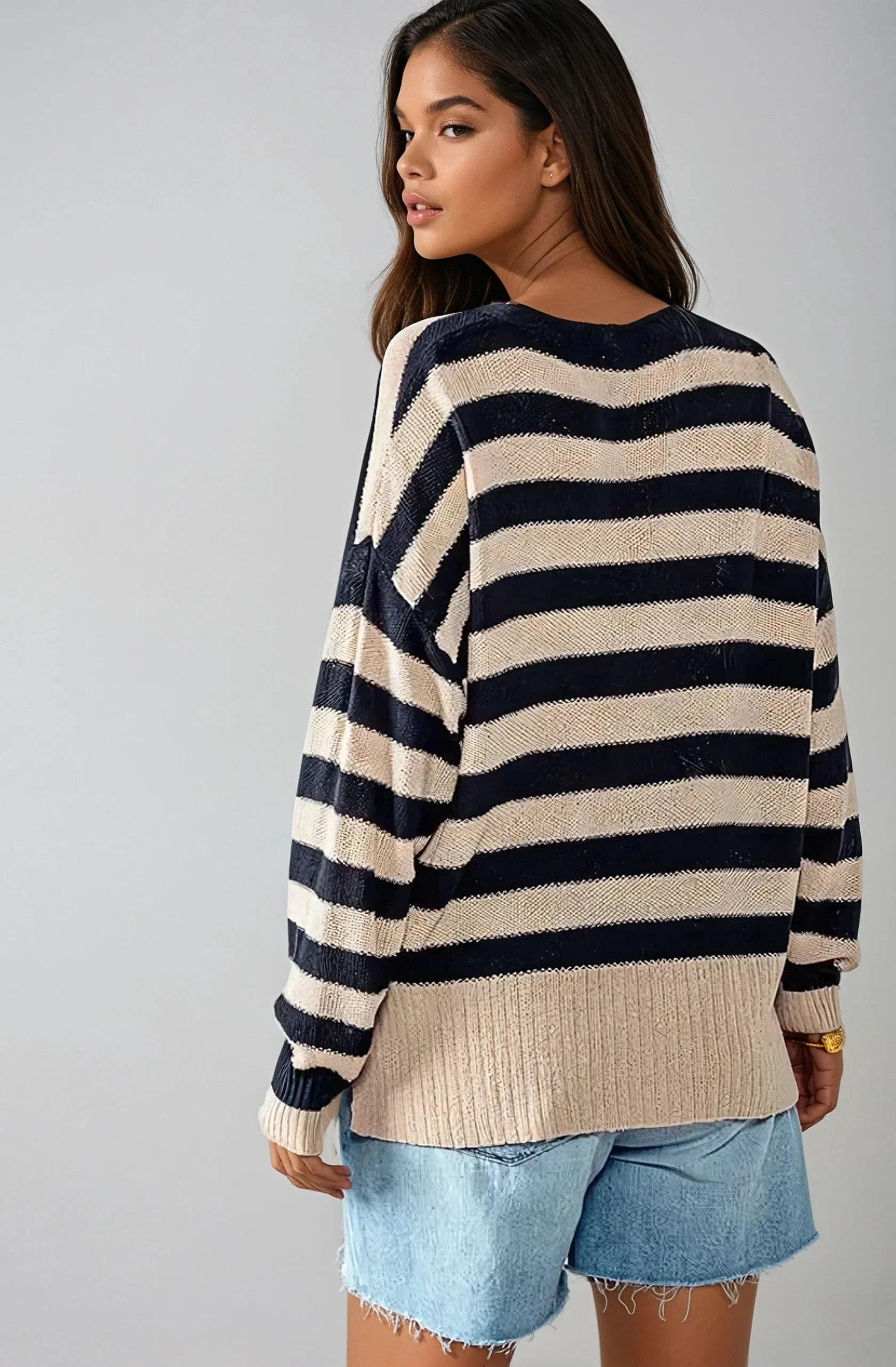Coastal Muse Striped Knit Cardigan Navy Cream Oversized Fitkitty Culture Athleisure Wear, Yoga Wear & Women's Clothing