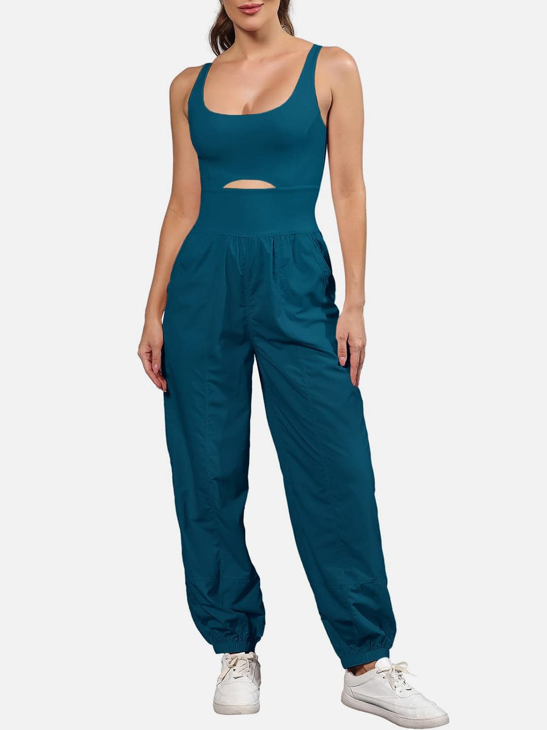 Chic cutout scoop neck jumpsuit with wide straps and pockets