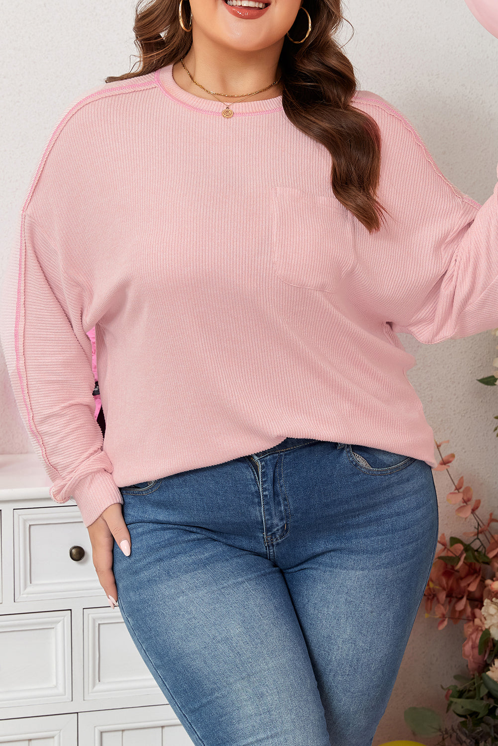 Bonbon Ribbed Knit Top With Round Neck Chest Pocket Plus Dear-Lover Dropshipping