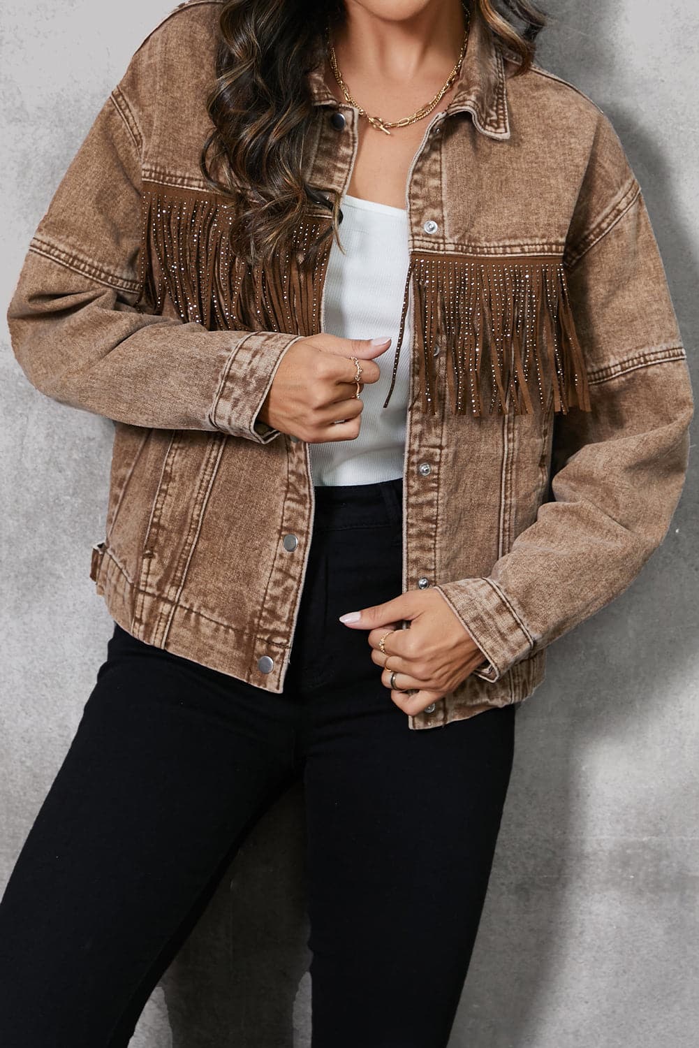 Fringe Trim Snap Down Denim Jacket.