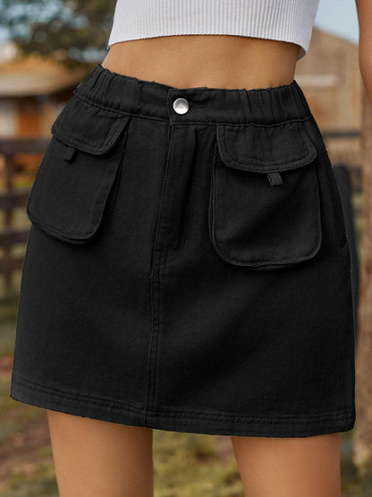 Pocketed Elastic Waist Denim Skirt.