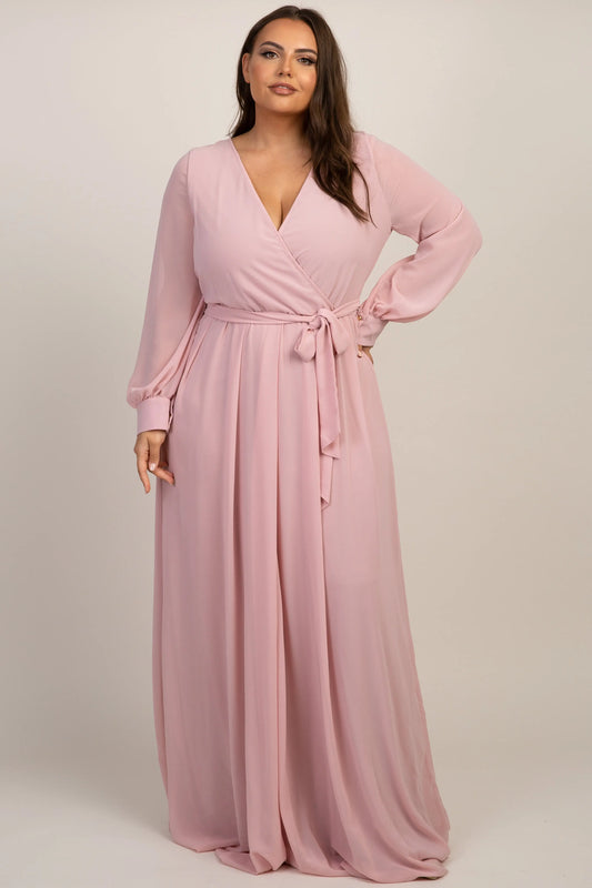 Light Pink Chiffon Long Sleeve Pleated Wrap Maxi Dress Plus Size PinkBlush