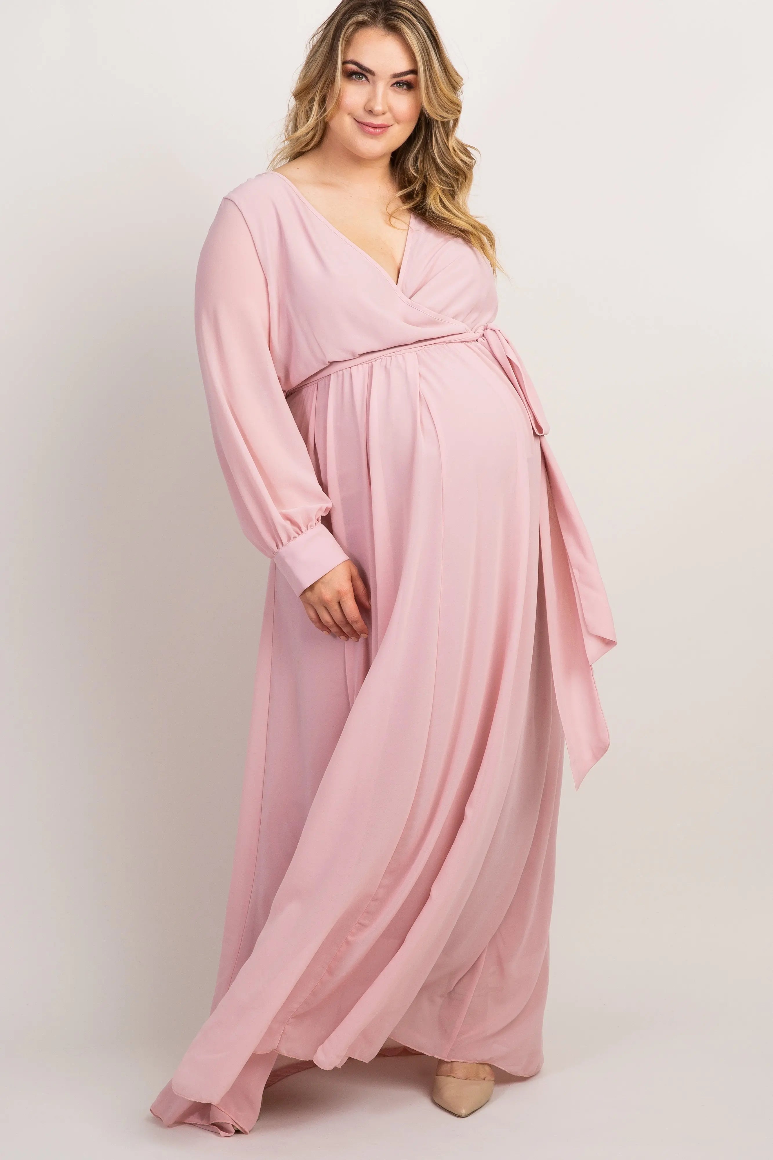 Light Pink Chiffon Long Sleeve Pleated Plus Maternity Maxi Dress PinkBlush
