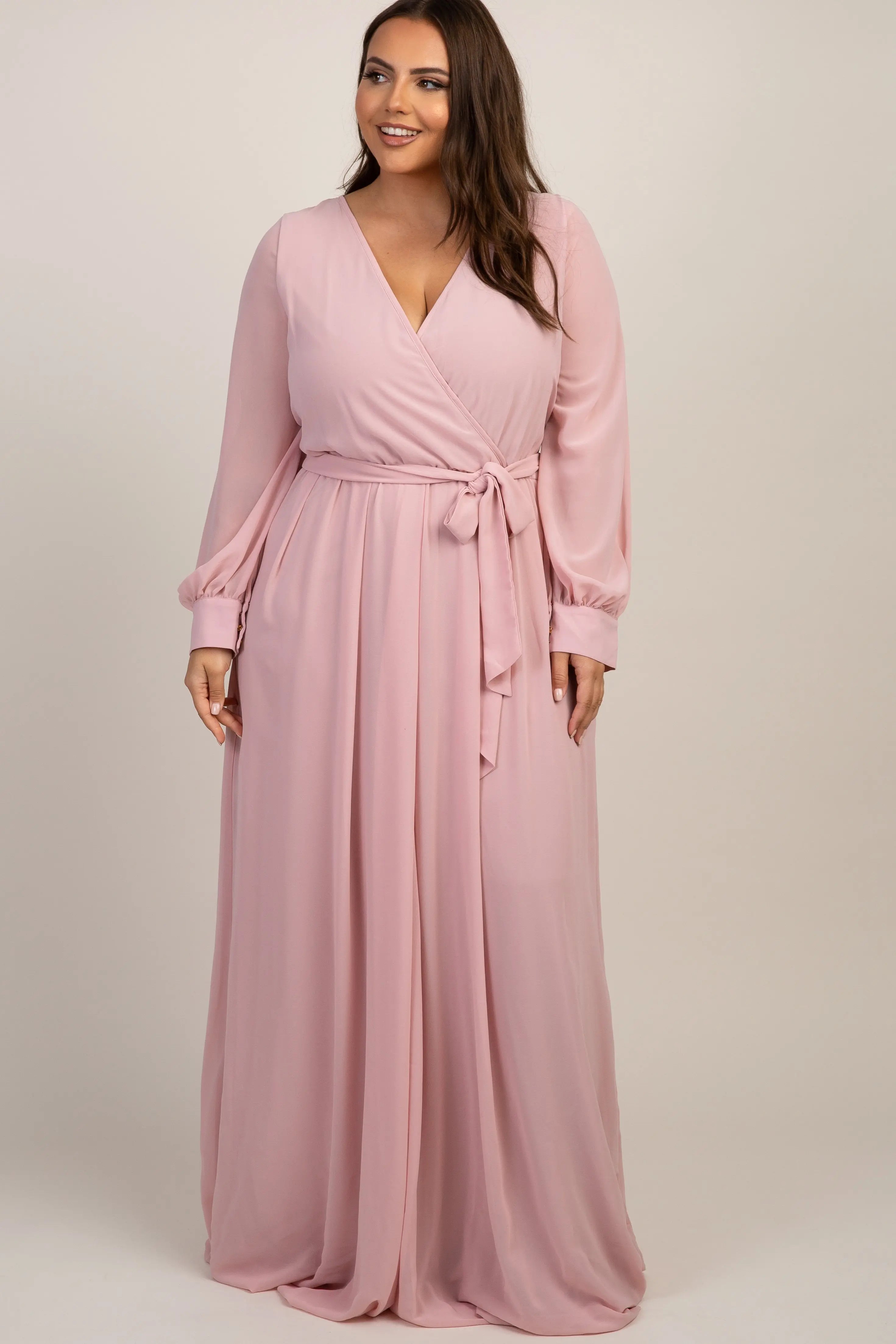 Light Pink Chiffon Long Sleeve Pleated Wrap Maxi Dress Plus Size PinkBlush