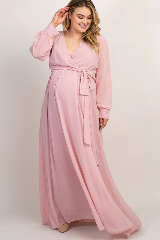 Light Pink Chiffon Long Sleeve Pleated Plus Maternity Maxi Dress PinkBlush