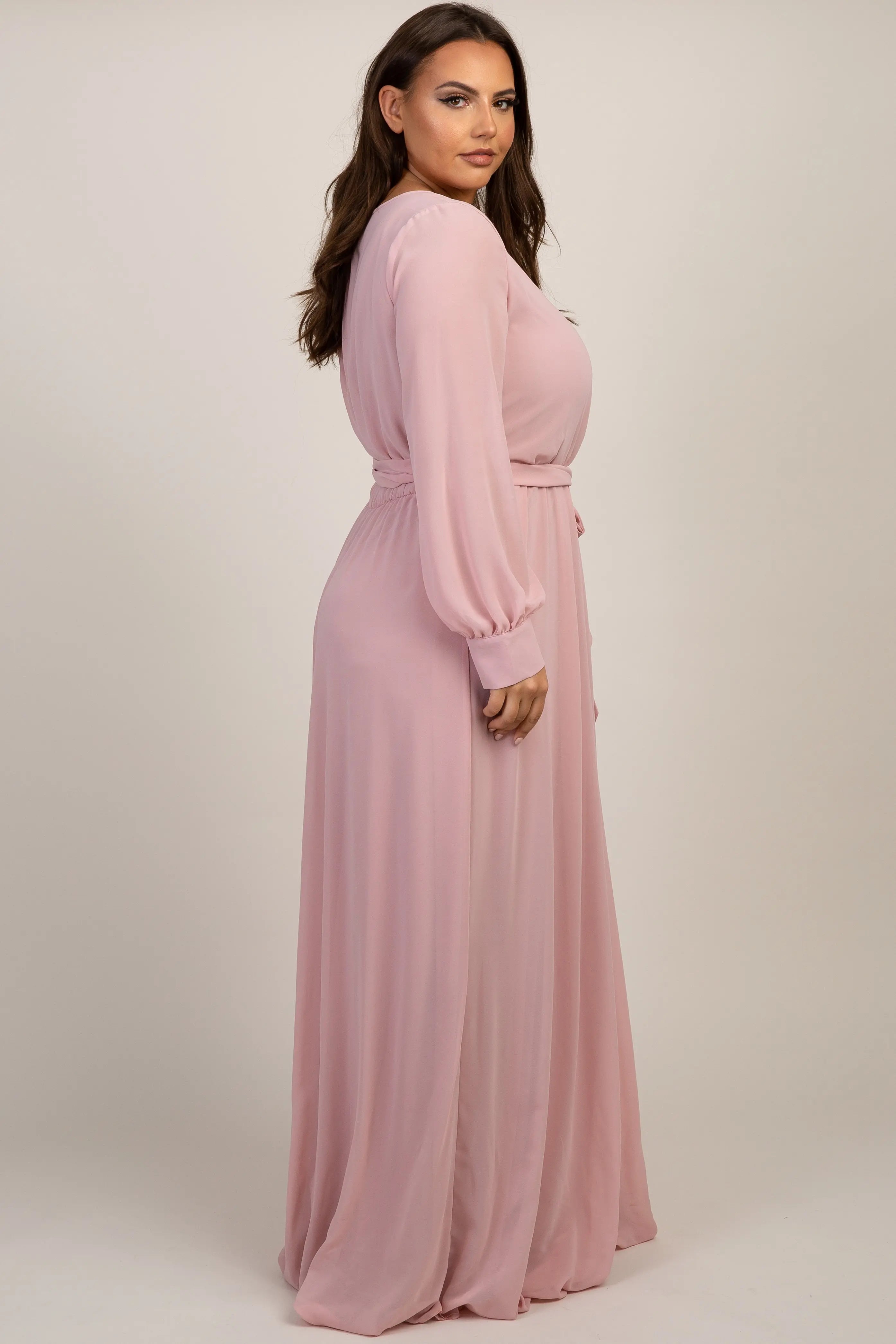 Light Pink Chiffon Long Sleeve Pleated Wrap Maxi Dress Plus Size PinkBlush