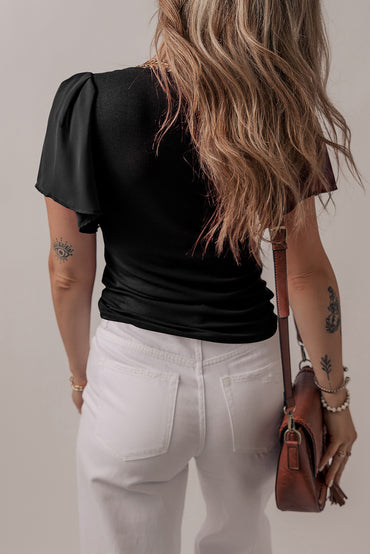 Black Mesh Ruffled Sleeve Slim Fit V Neck Top for Women