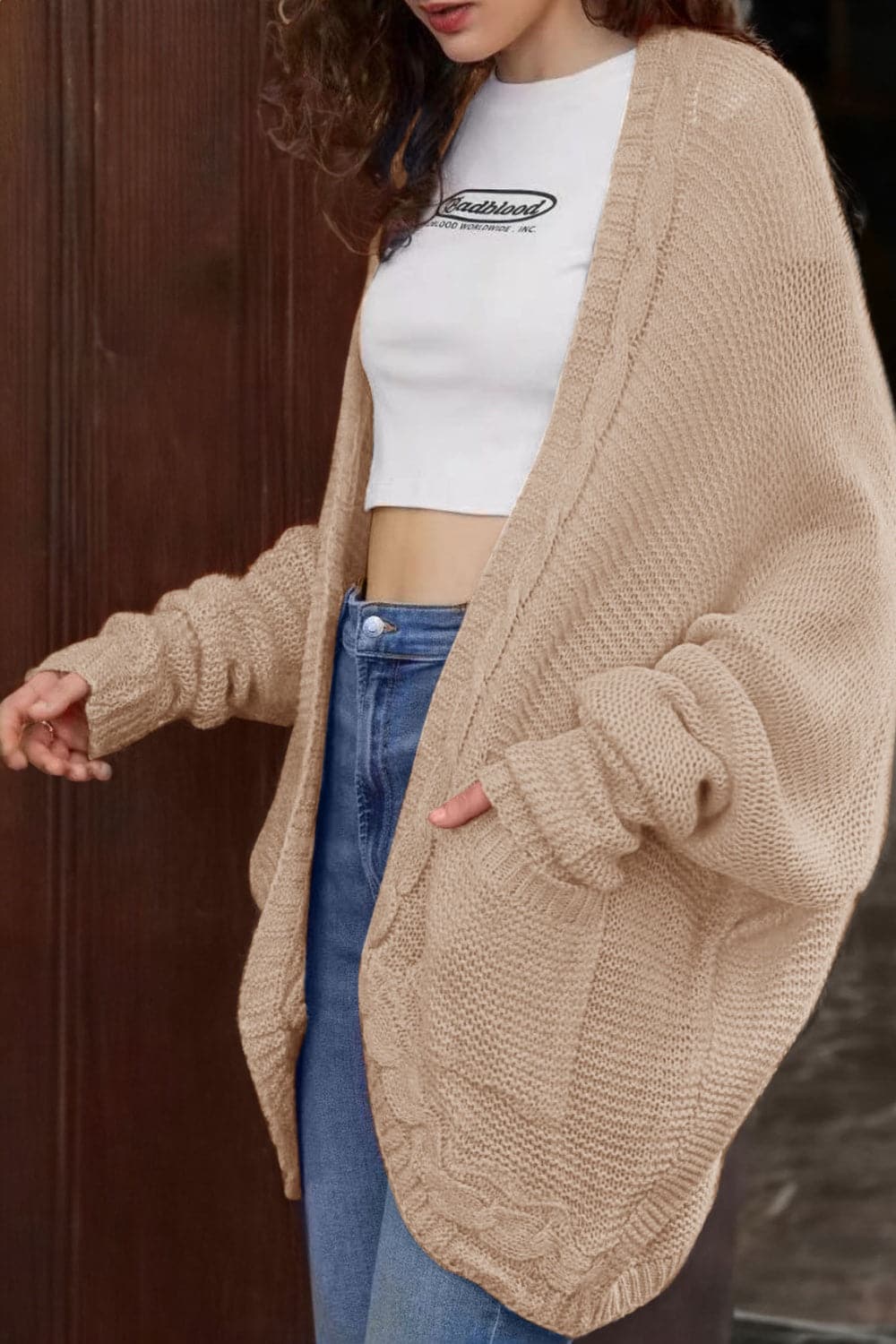 Cable-Knit Open Front Cardigan with Pockets.