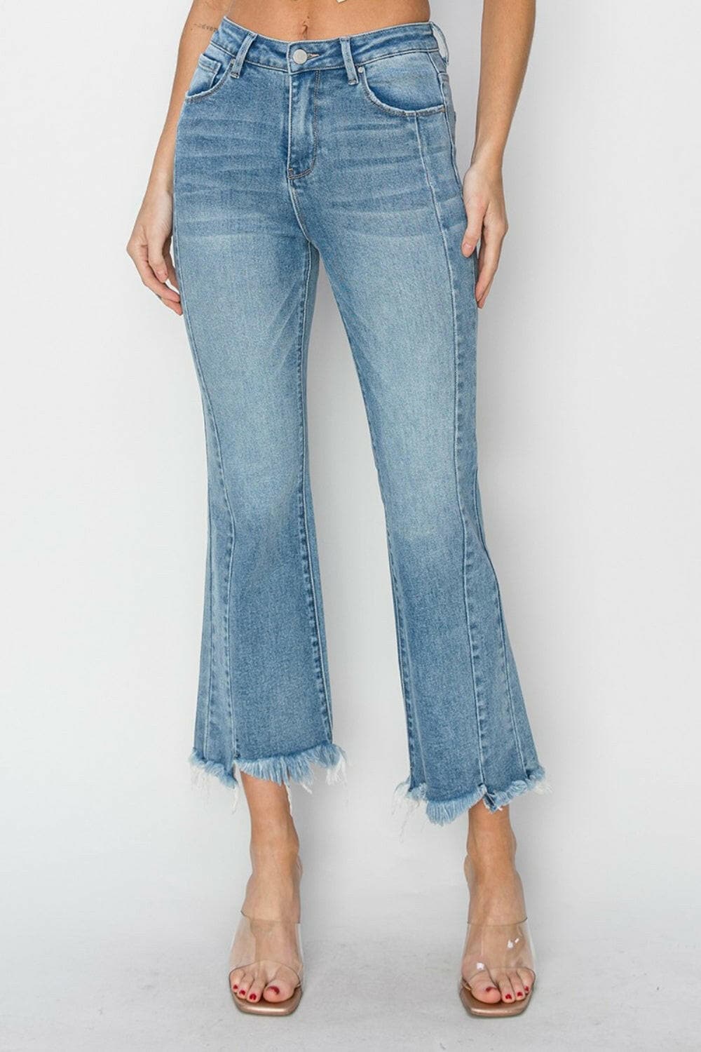 RISEN Full Size High Rise Frayed Hem Flare Jeans.